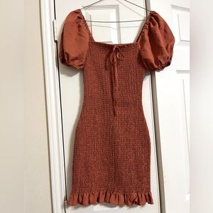 Burnt, Dark Orange Dress, Ruched Style with Cute Ruffles
